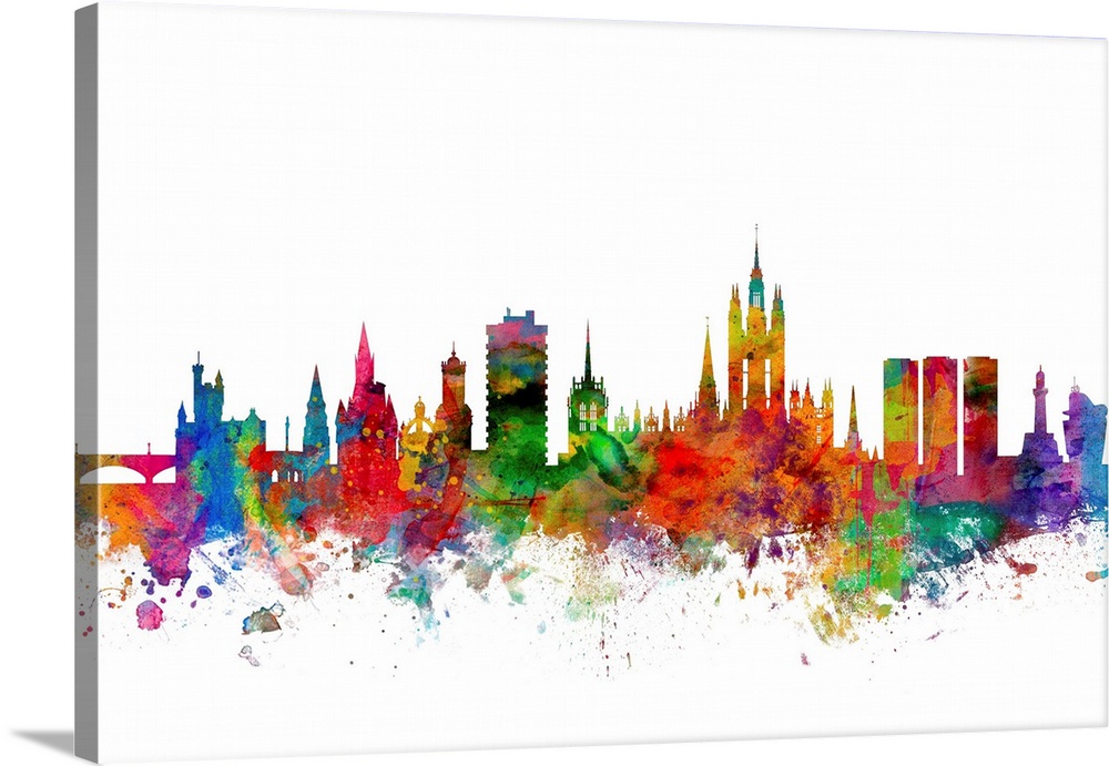 Watercolor artwork of the Aberdeen skyline against a white background.