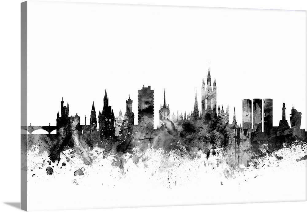 Contemporary artwork of the Aberdeen city skyline in black watercolor paint splashes.