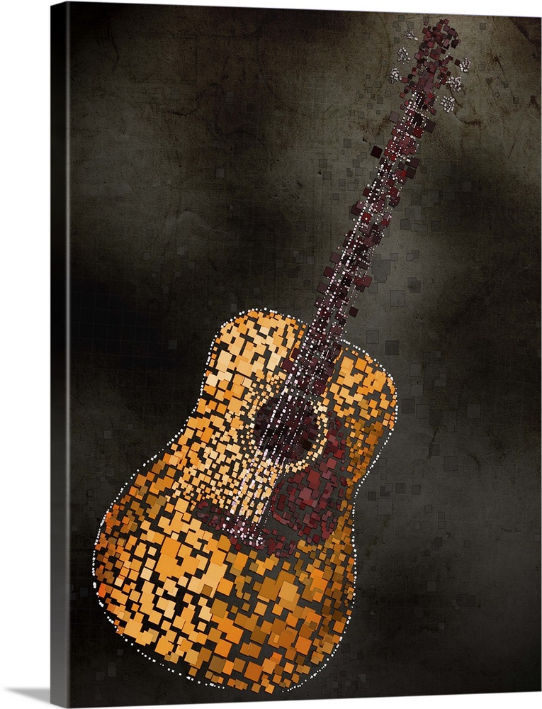 Mixed media artwork of an acoustic guitar made from individually placed colored squares.