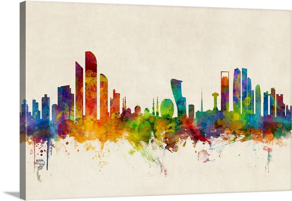 Watercolor art print of the skyline of Abu Dhabi, United Arab Emirates.