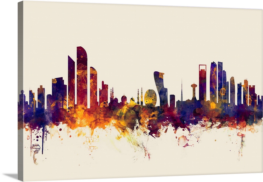 Watercolor art print of the skyline of Abu Dhabi, United Arab Emirates.