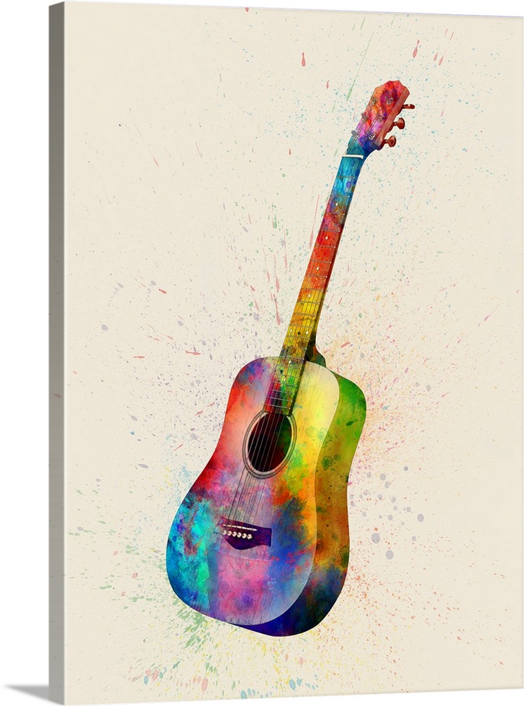 Contemporary artwork of an acoustic guitar with bright colorful watercolor paint splatter all over it.