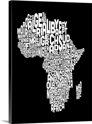 African Countries Text Map, Black and White