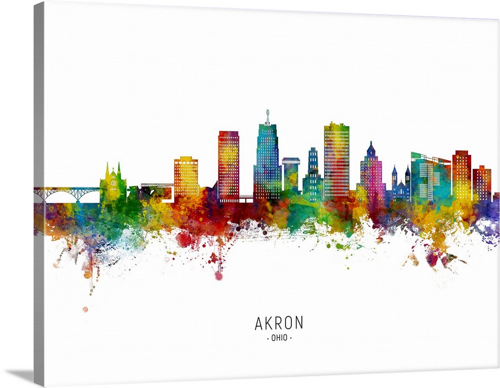 Watercolor art print of the skyline of Akron, Ohio