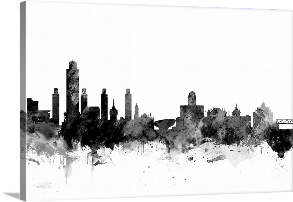 Contemporary artwork of the Albany city skyline in black watercolor paint splashes.