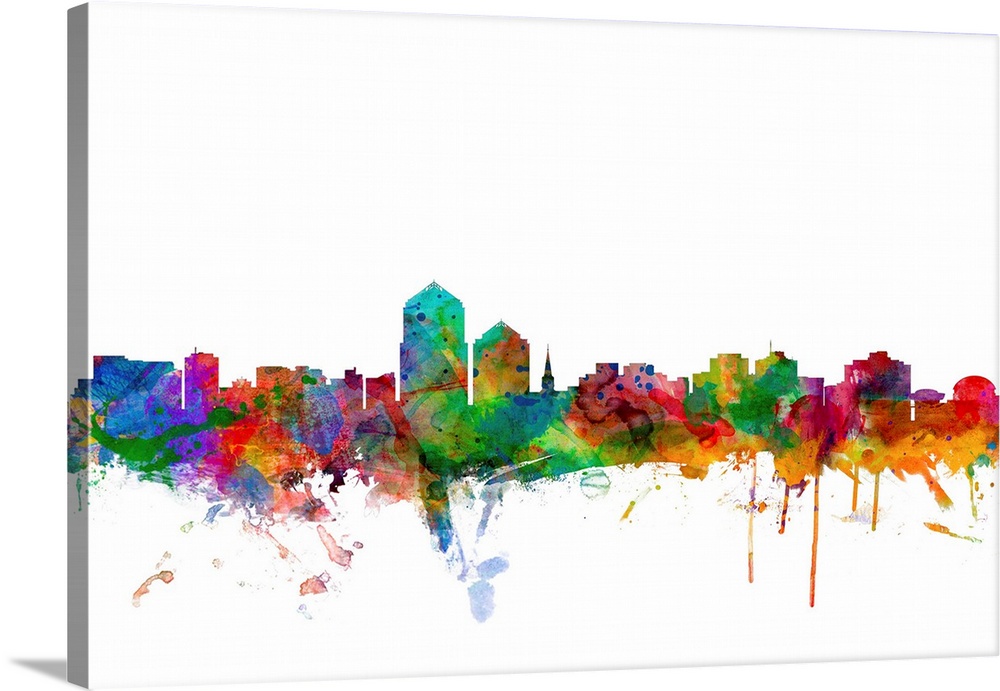 Watercolor artwork of the Albuquerque skyline against a white background.