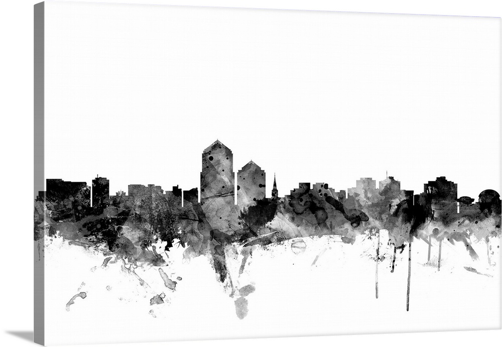 Contemporary artwork of the Albuquerque city skyline in black watercolor paint splashes.