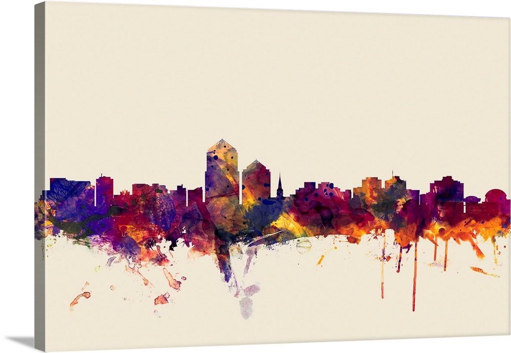Contemporary artwork of the Albuquerque city skyline in watercolor paint splashes.