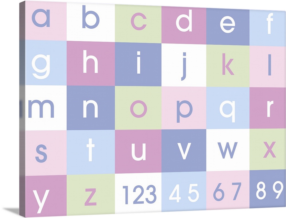 Alphabet and numbers canvas print in bright fun colors. Contemporary design for kids and children's bedroom, nursery or pl...