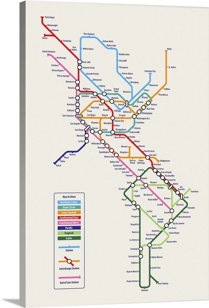 The American Continent in the iconic style of a Tube / Metro / Subway / Underground System Map.  As a follow up to my Worl...
