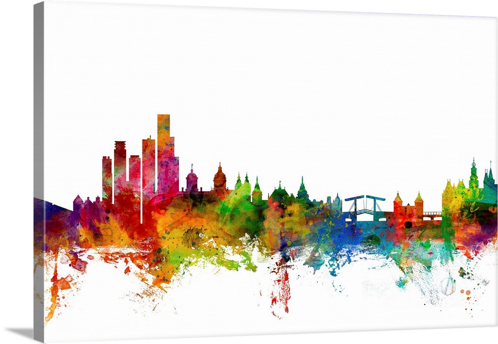 Watercolor artwork of the Amsterdam skyline against a white background.