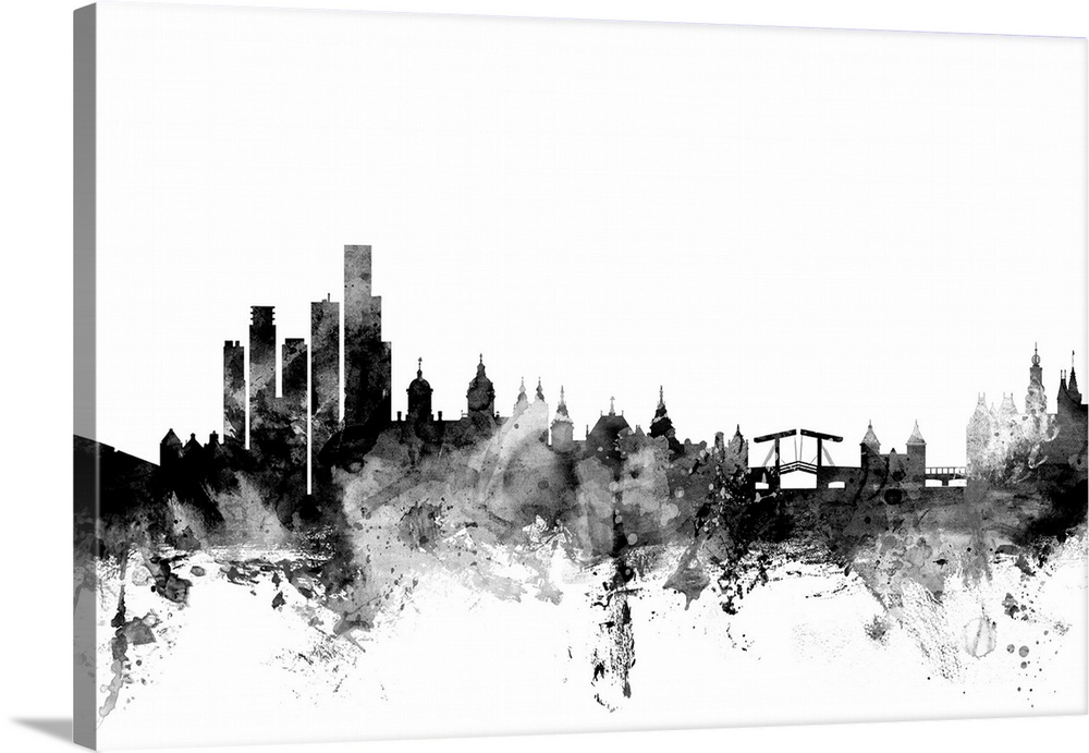 Contemporary artwork of the Amsterdam city skyline in black watercolor paint splashes.