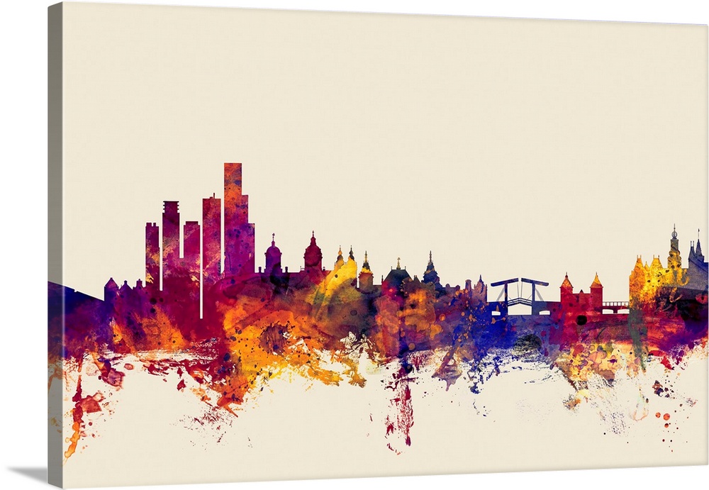 Contemporary artwork of the Amsterdam city skyline in watercolor paint splashes.