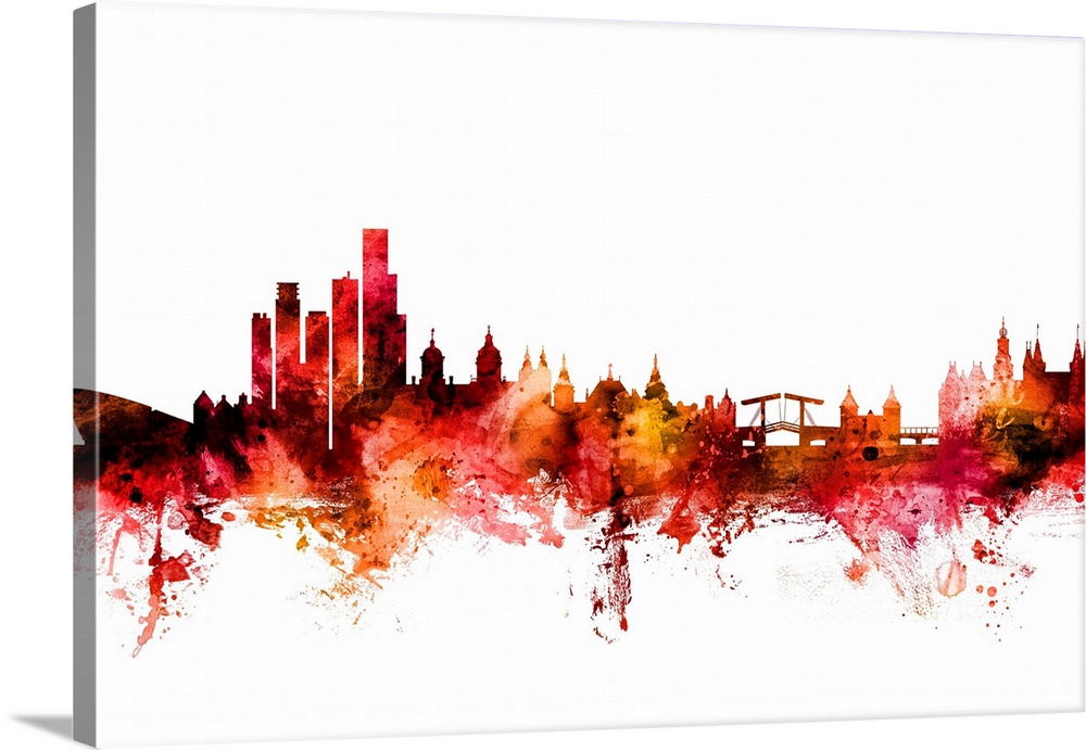 Watercolor art print of the skyline of Amsterdam, The Netherlands.