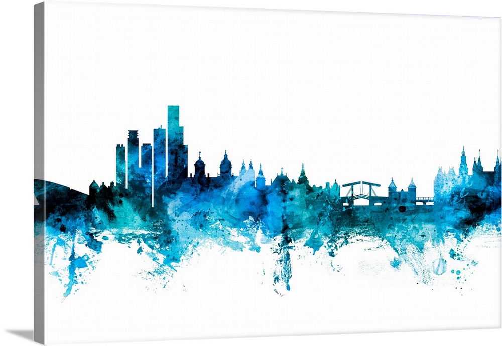 Watercolor art print of the skyline of Amsterdam, The Netherlands.