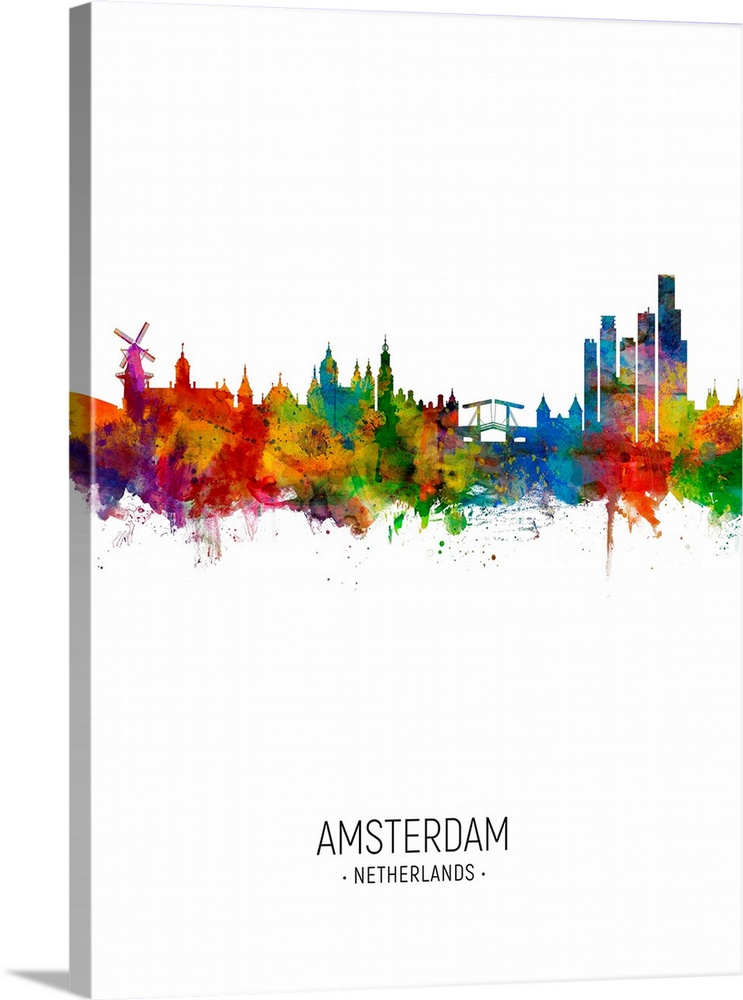 Watercolor art print of the skyline of Amsterdam, The Netherlands
