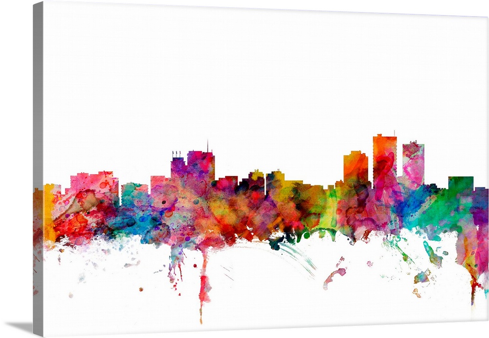 Watercolor artwork of the Anchorage skyline against a white background.