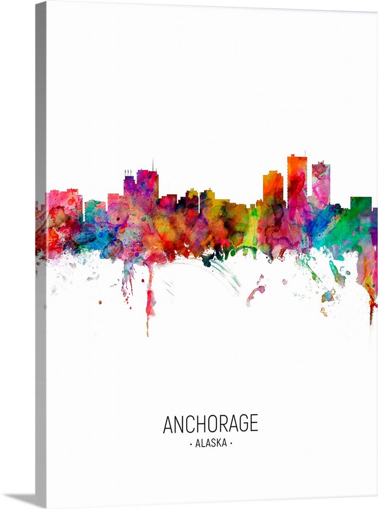 Watercolor art print of the skyline of Anchorage, Alaska, United States