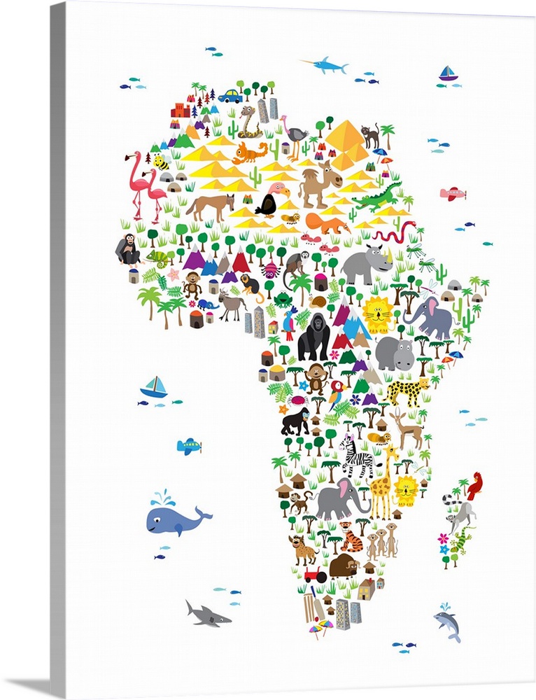 A map of the Africa featuring cartoon animals. A colorful, fun and exciting map for any young child to engage their imagin...