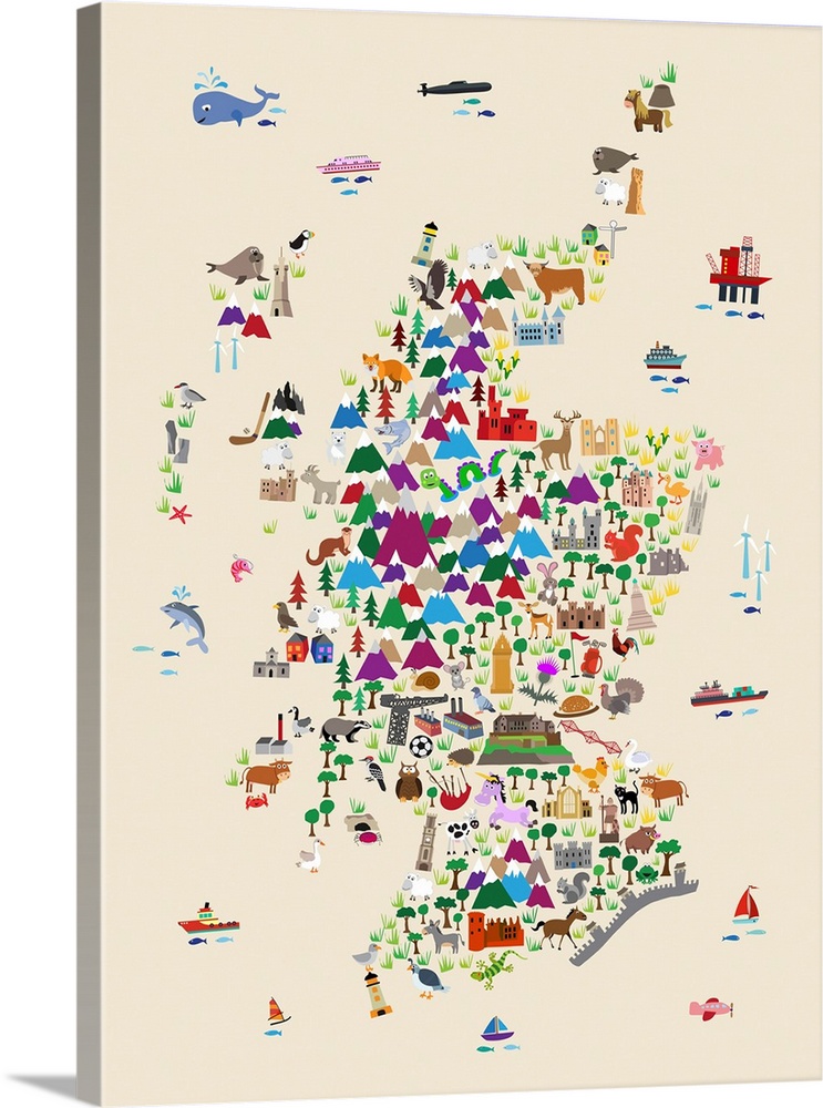 A map of Scotland featuring cartoon animals, famous landmarks, and buildings. A colorful, fun and exciting map for any you...