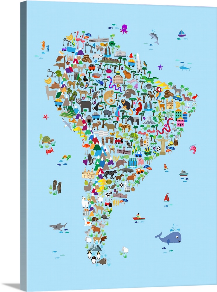 A map of South America featuring cartoon animals, famous landmarks, and buildings. A colorful, fun and exciting map for an...