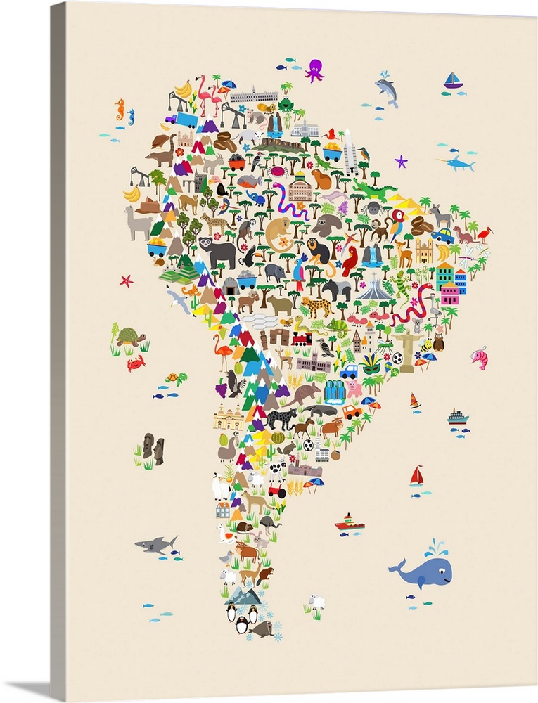 A map of South America featuring cartoon animals, famous landmarks, and buildings. A colorful, fun and exciting map for an...