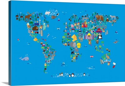 Animal Map of the World for children, Blue