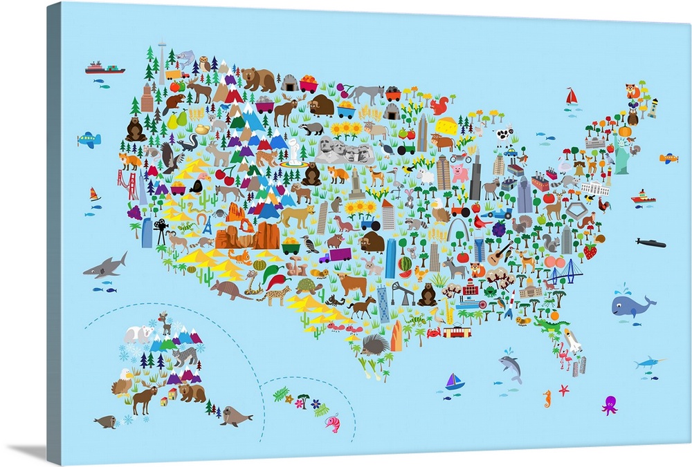 A map of the United States featuring cartoon animals, famous landmarks, and buildings. A colorful, fun and exciting map fo...
