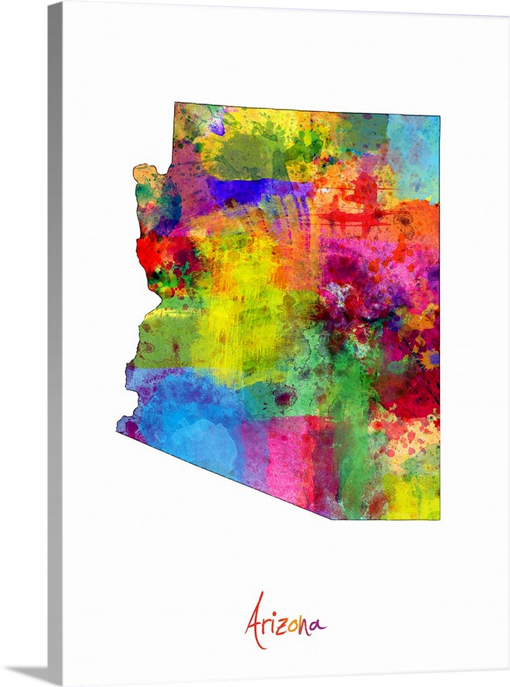 Contemporary artwork of a map of Arizona made of colorful paint splashes.