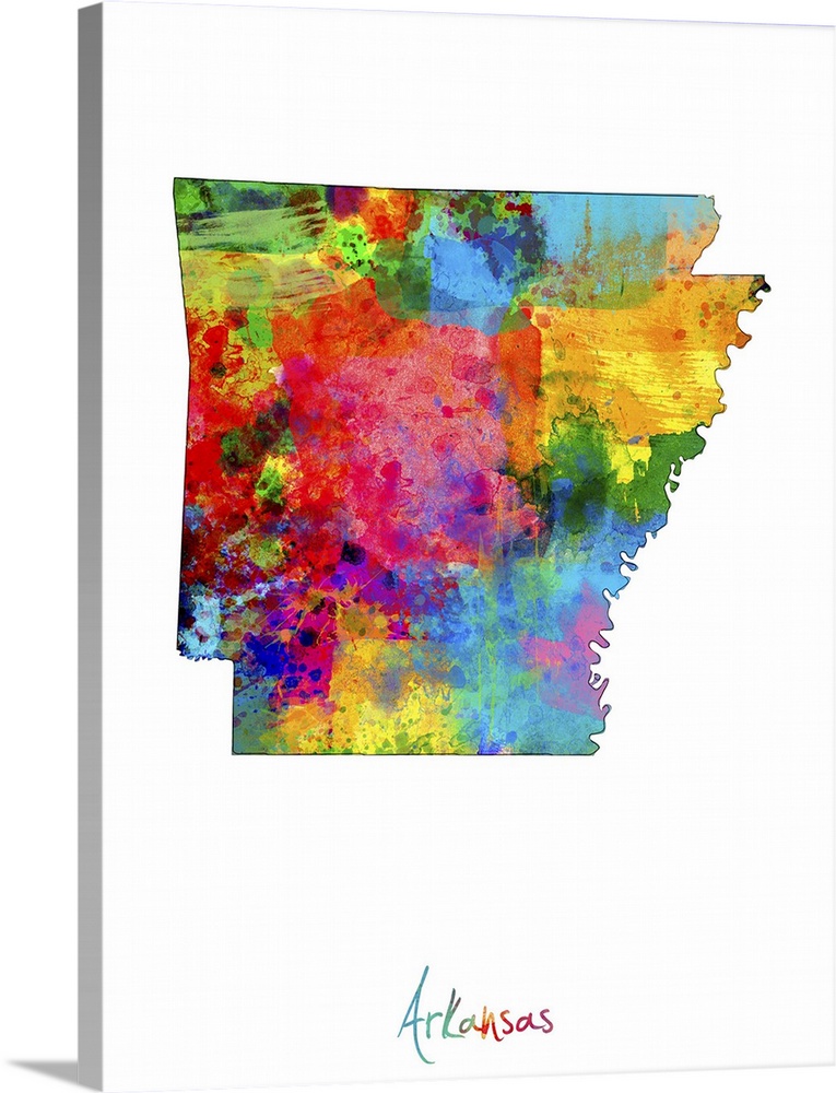 Contemporary artwork of a map of Arkansas made of colorful paint splashes.