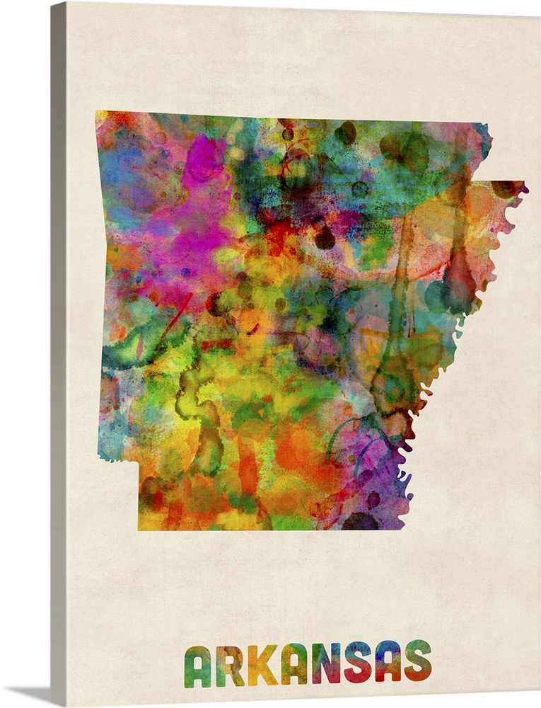 Contemporary piece of artwork of a map of Arkansas made up of watercolor splashes.