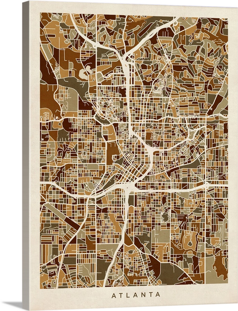 Brown toned city street map artwork of Atlanta.