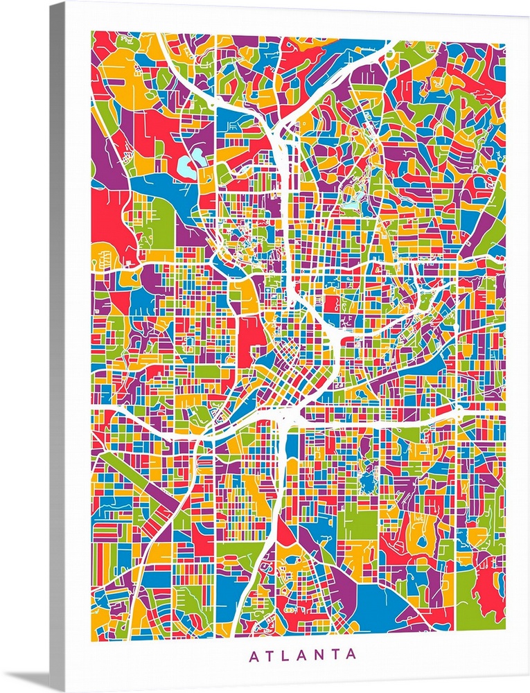 Colorful city street map artwork of Atlanta.