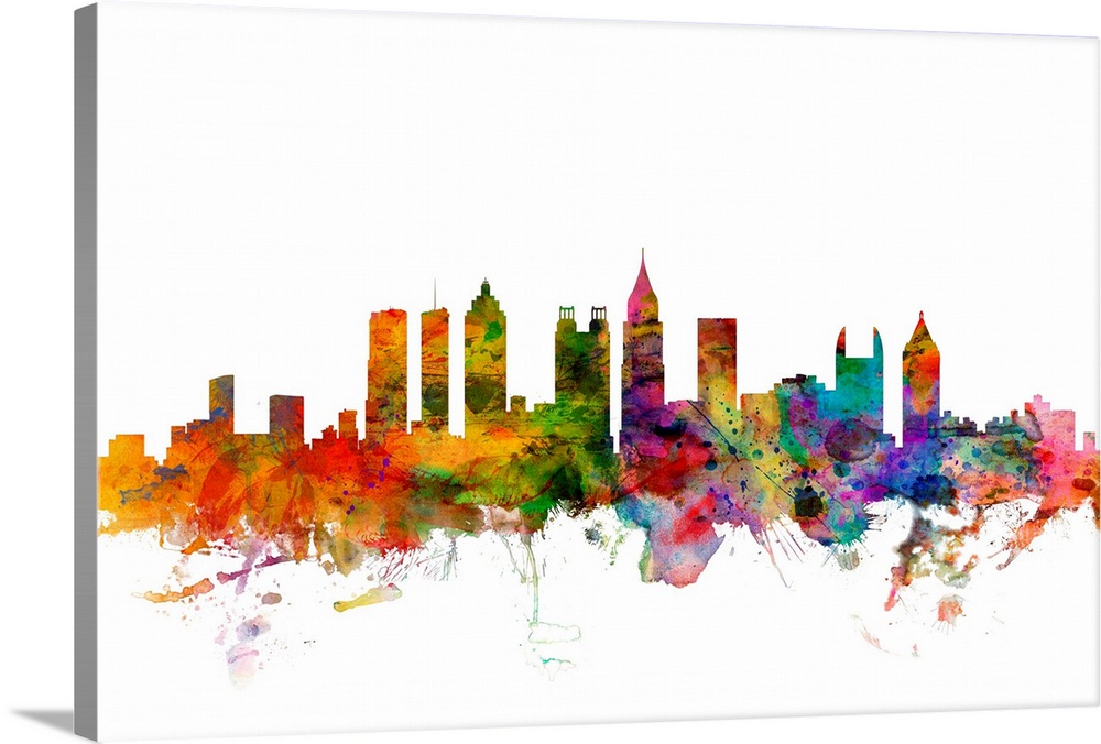 Watercolor artwork of the Atlanta skyline against a white background.