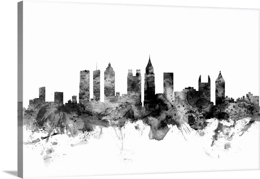 Contemporary artwork of the Atlanta city skyline in black watercolor paint splashes.