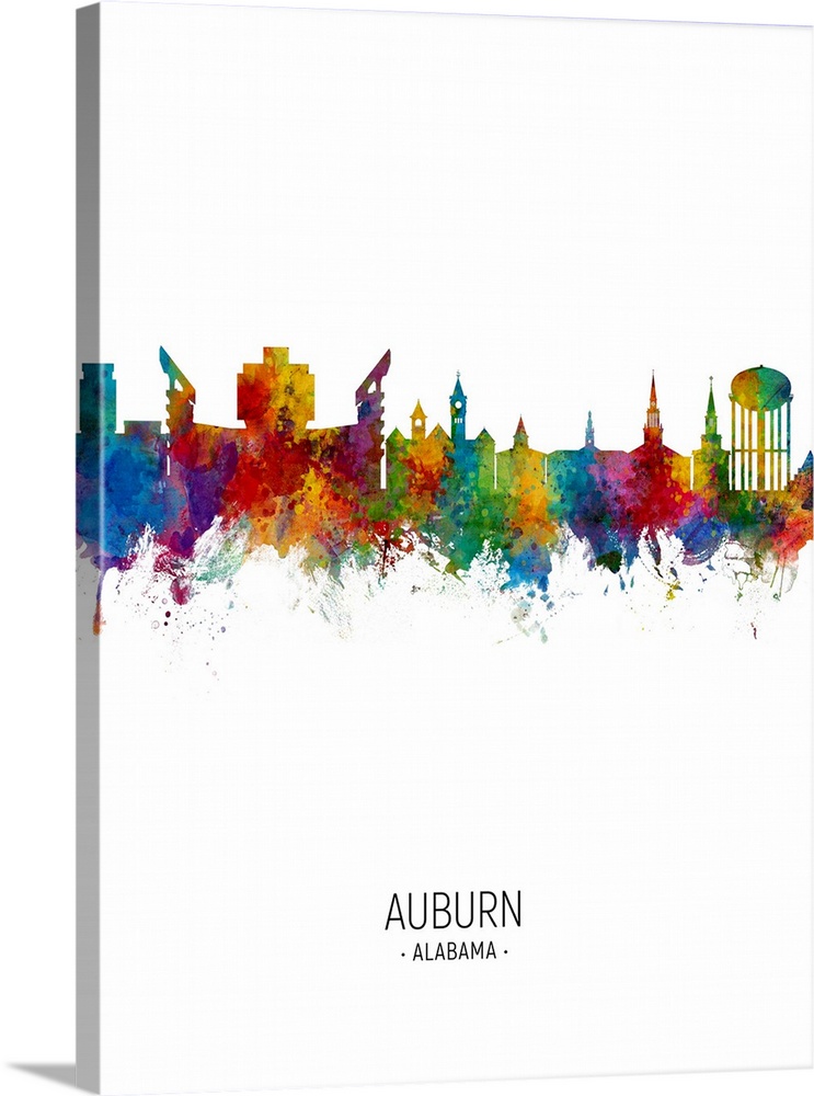 Watercolor art print of the skyline of Auburn, Alabama