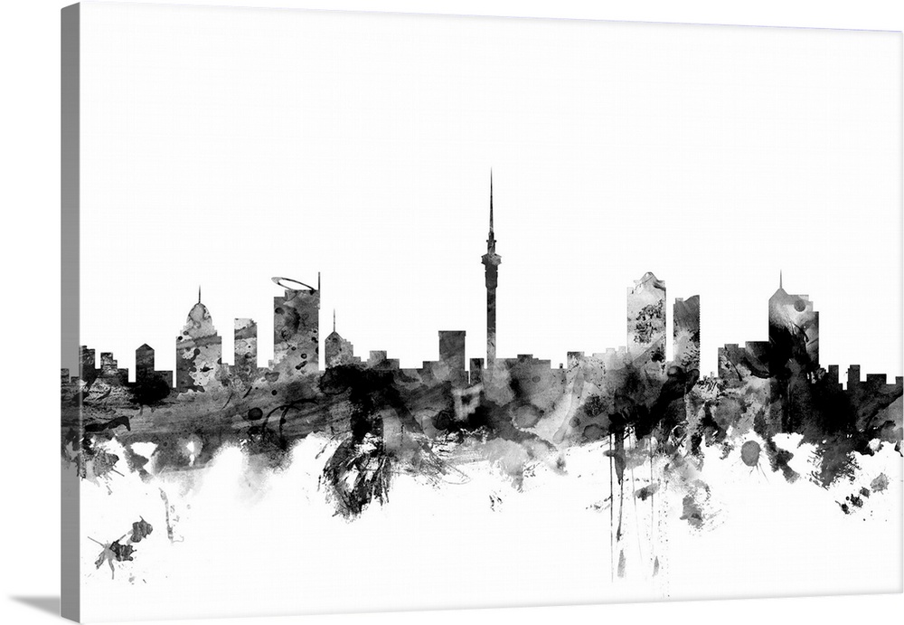 Contemporary artwork of the Auckland city skyline in black watercolor paint splashes.