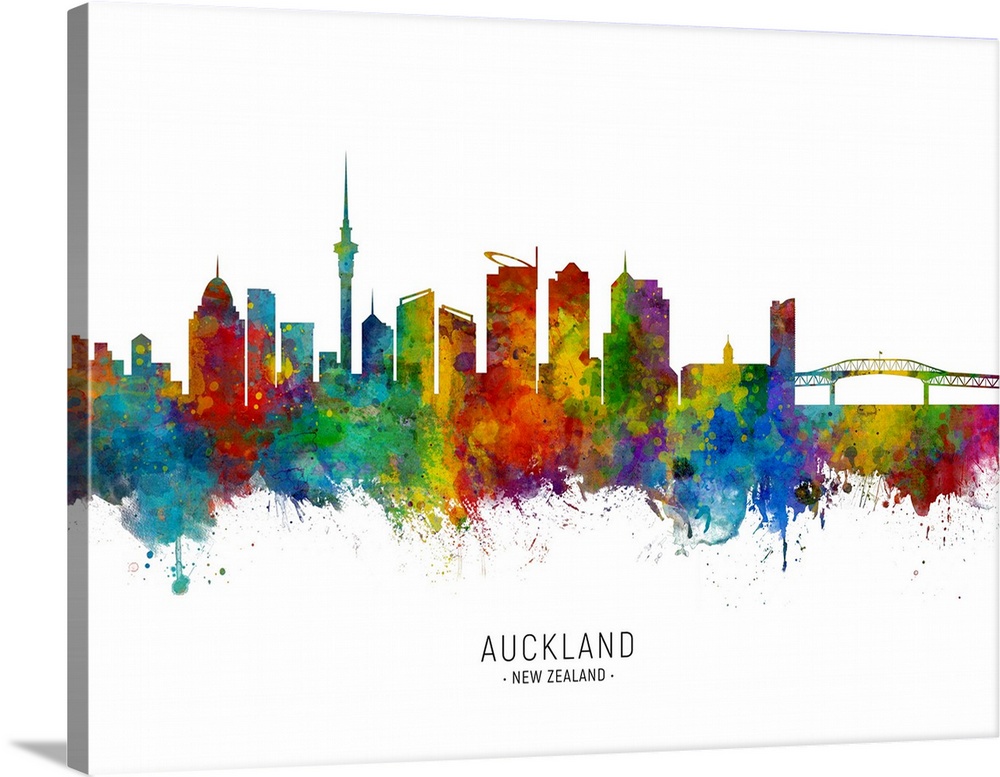 Watercolor art print of the skyline of Auckland, New Zealand.