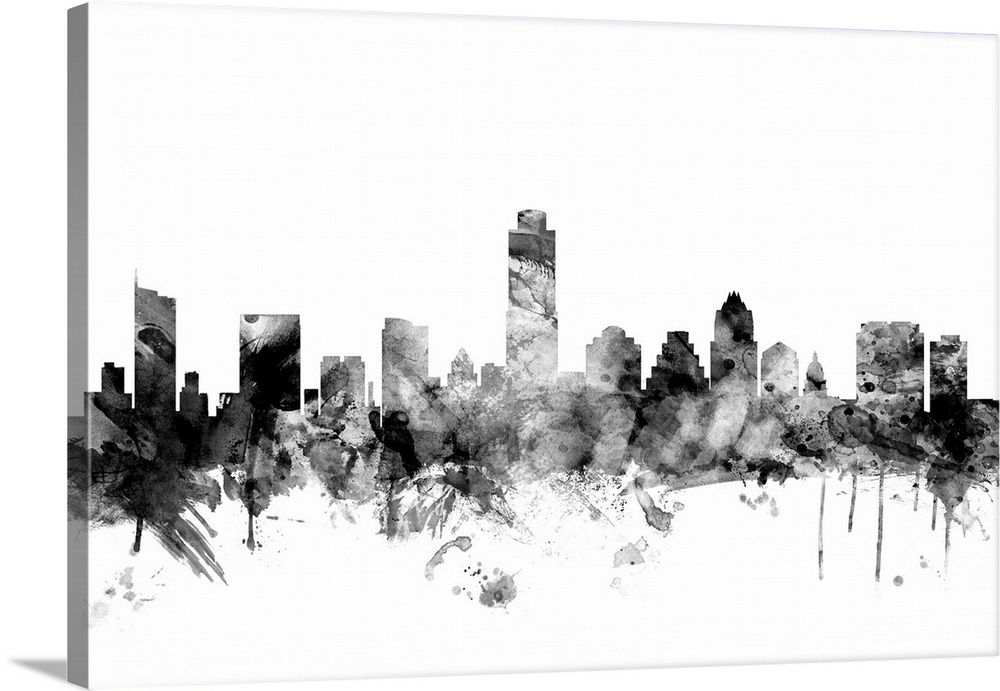 Contemporary artwork of the Austin city skyline in black watercolor paint splashes.