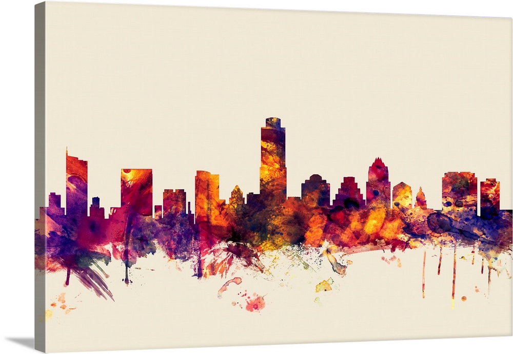 Contemporary artwork of the Austin city skyline in watercolor paint splashes.