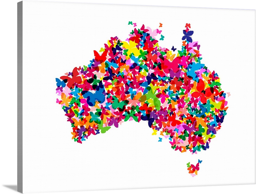 Contemporary piece of artwork of a map of Australia made of colorful butterflies.