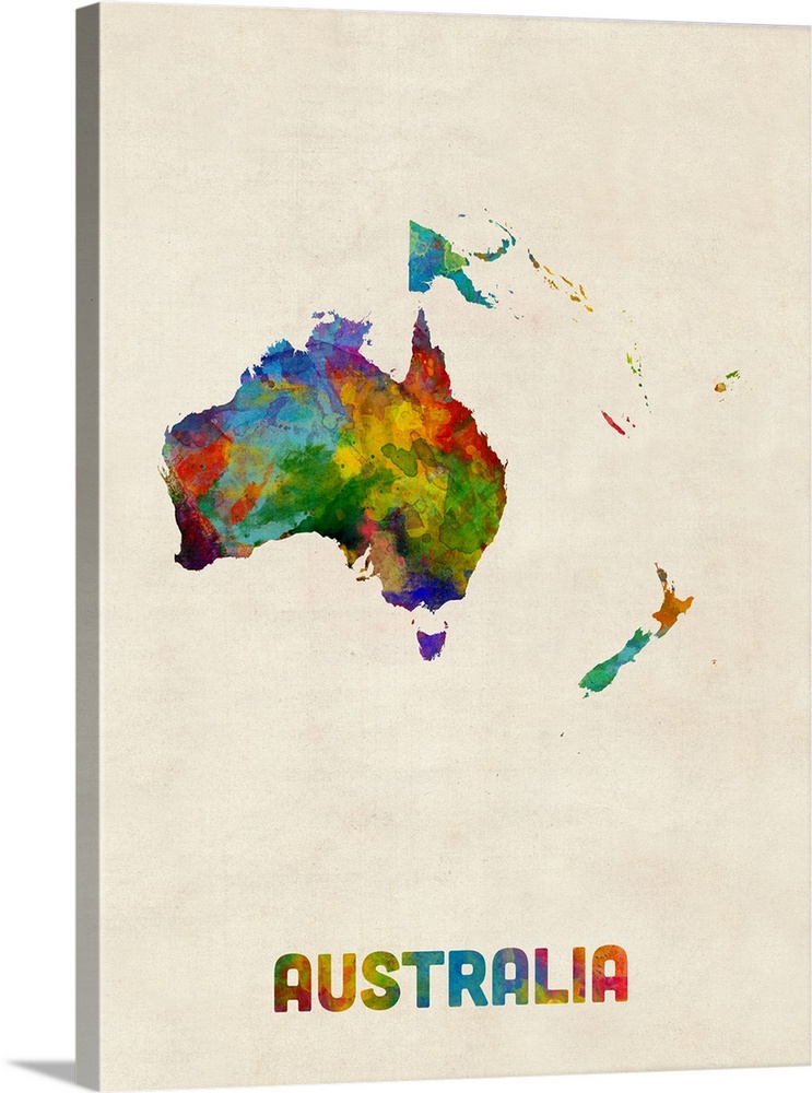 A watercolor map of the continent of Australia.