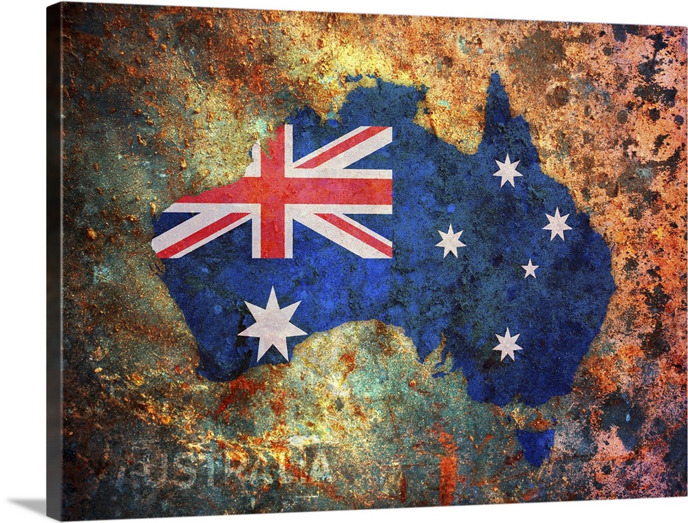The Australian flag is used in the shape of the country against a very rustic background.
