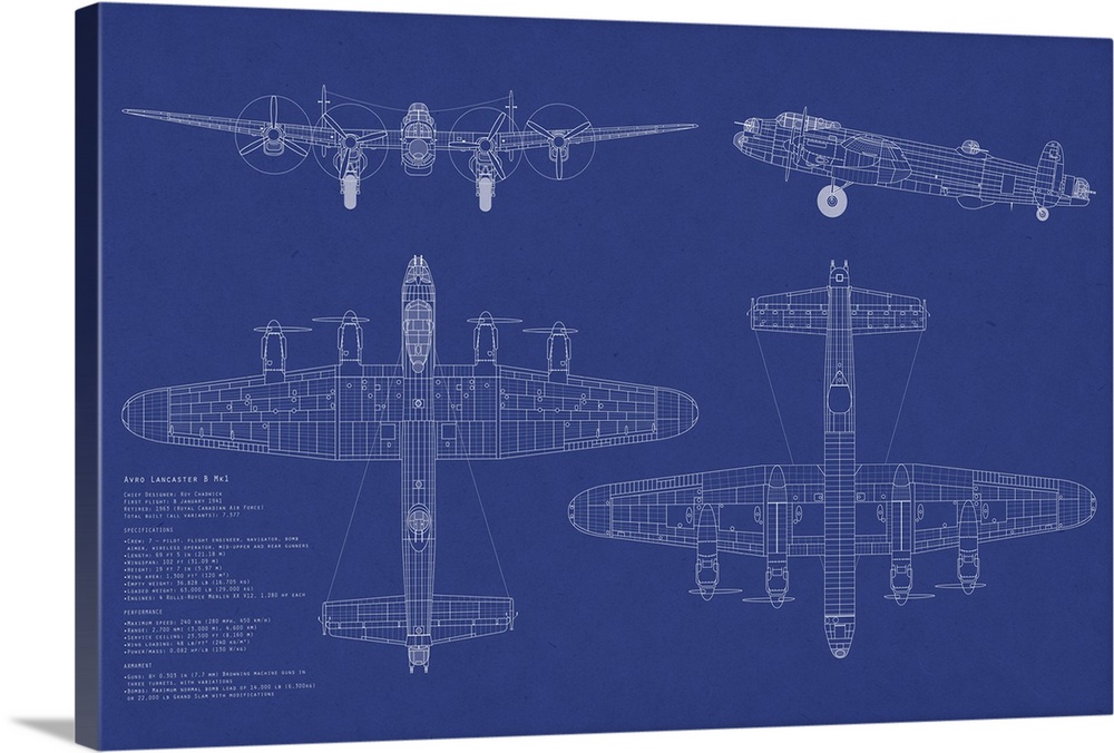 Architectural drawings of all sides of a bomber airplane with specifications listed on a solid background.