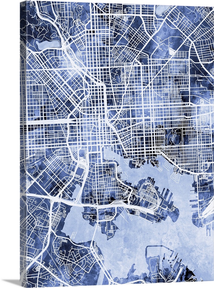 Blue toned city street map artwork of Baltimore, Maryland.