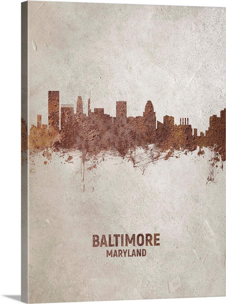 Art print of the skyline of Baltimore, Maryland, United States. Rust on concrete.