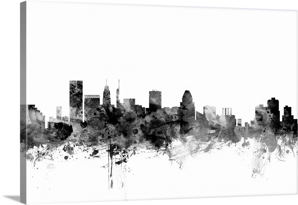 Contemporary artwork of the Baltimore city skyline in black watercolor paint splashes.
