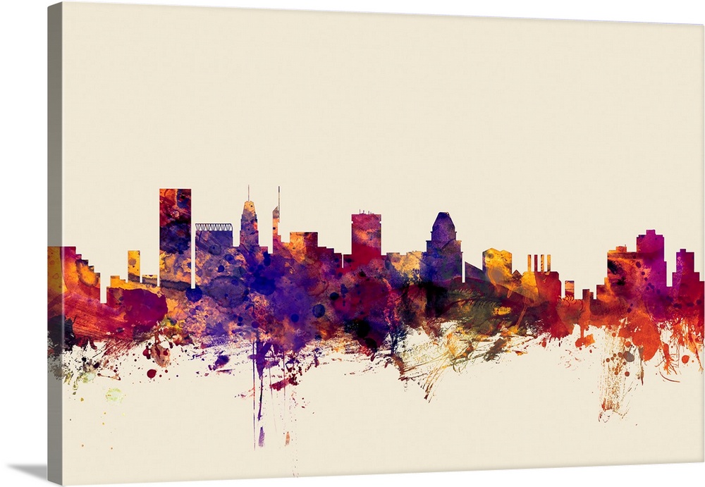 Contemporary artwork of the Baltimore city skyline in watercolor paint splashes.