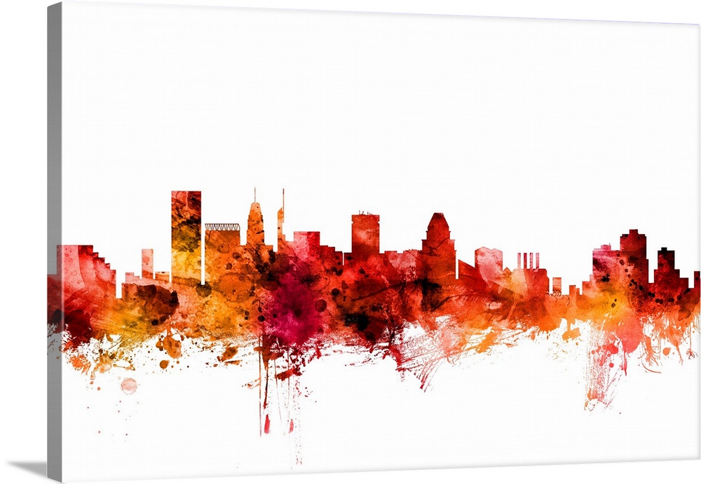 Watercolor art print of the skyline of Baltimore, Maryland, United States.