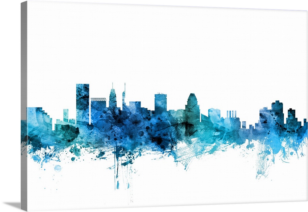 Watercolor art print of the skyline of Baltimore, Maryland, United States.